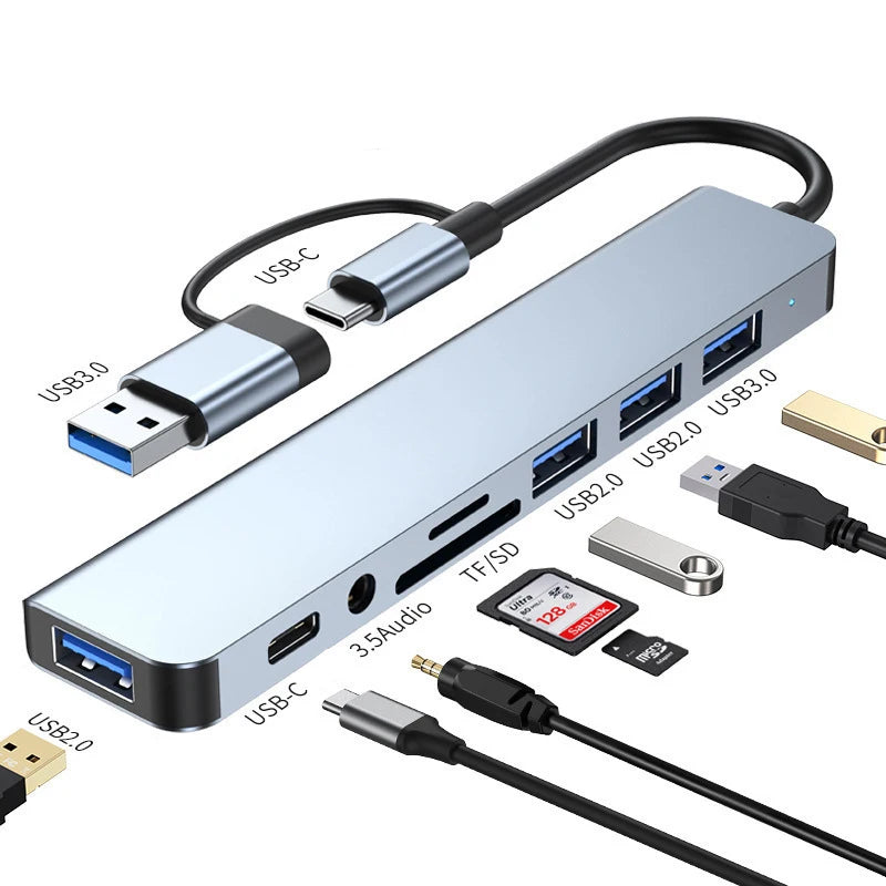 Hub USB-C 8 en 1 – Lecteur de Carte SD/TF, Adaptateur OTG Multiport