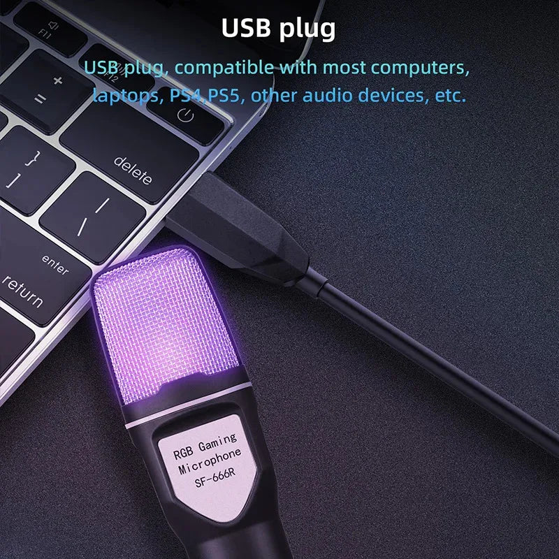Micro USB à Condensateur RGB – Réduction de Bruit, PC/Mac, Podcast, Streaming