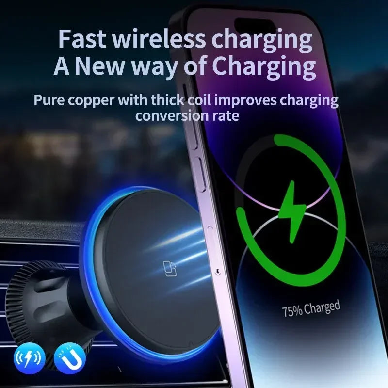 Chargeur Sans Fil Voiture Magnétique RGB – Support MagSafe & Charge Rapide