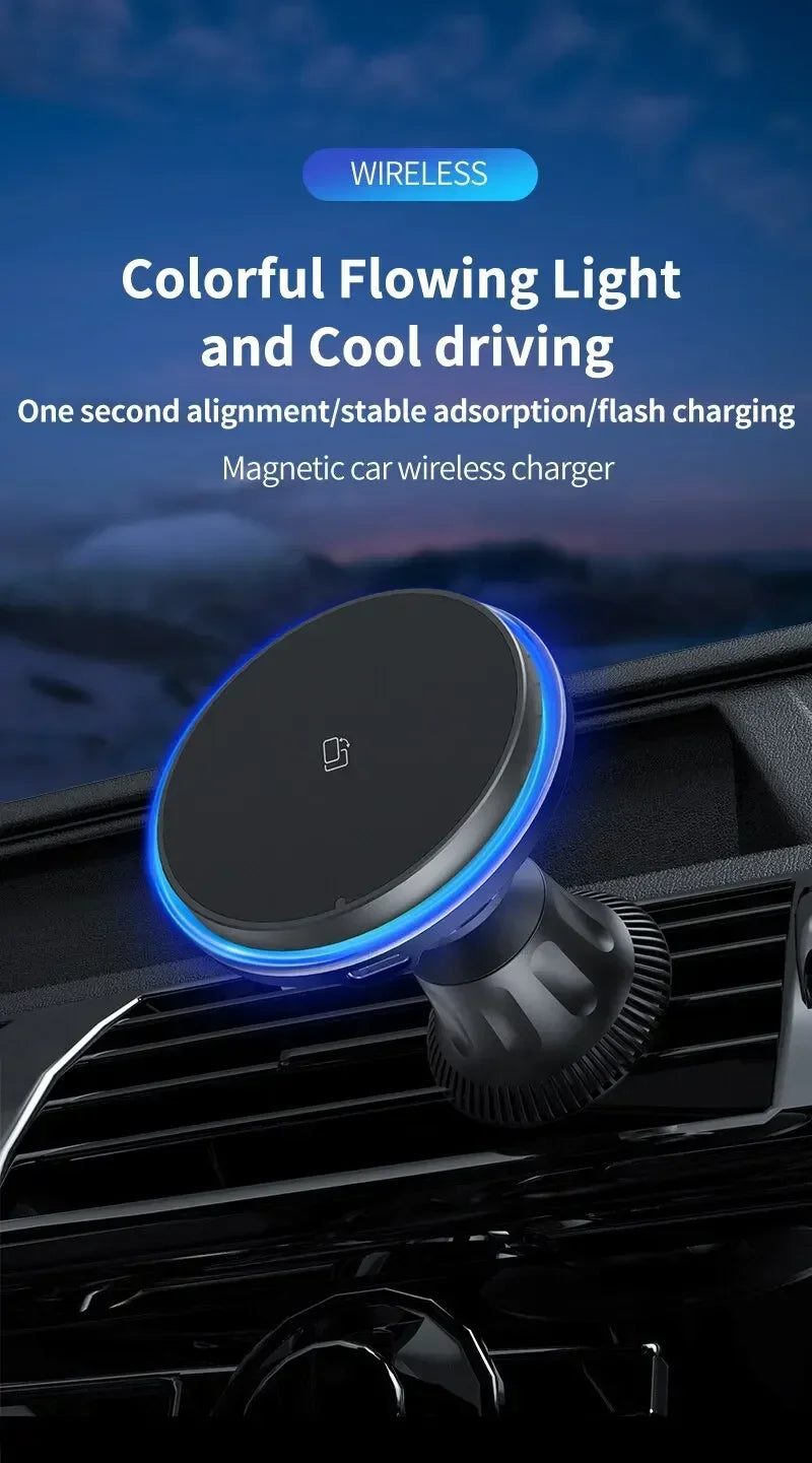 Chargeur Sans Fil Voiture Magnétique RGB – Support MagSafe & Charge Rapide