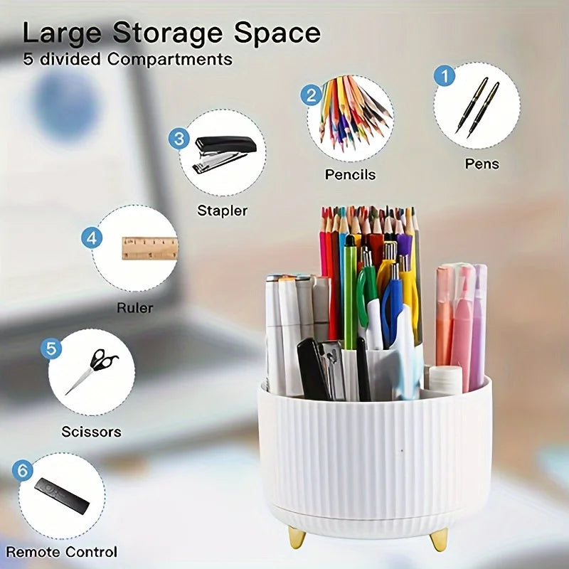 Porte-Stylos Rotatif 360° – Organiseur de Bureau 5 Compartiments pour Stylos & Crayons