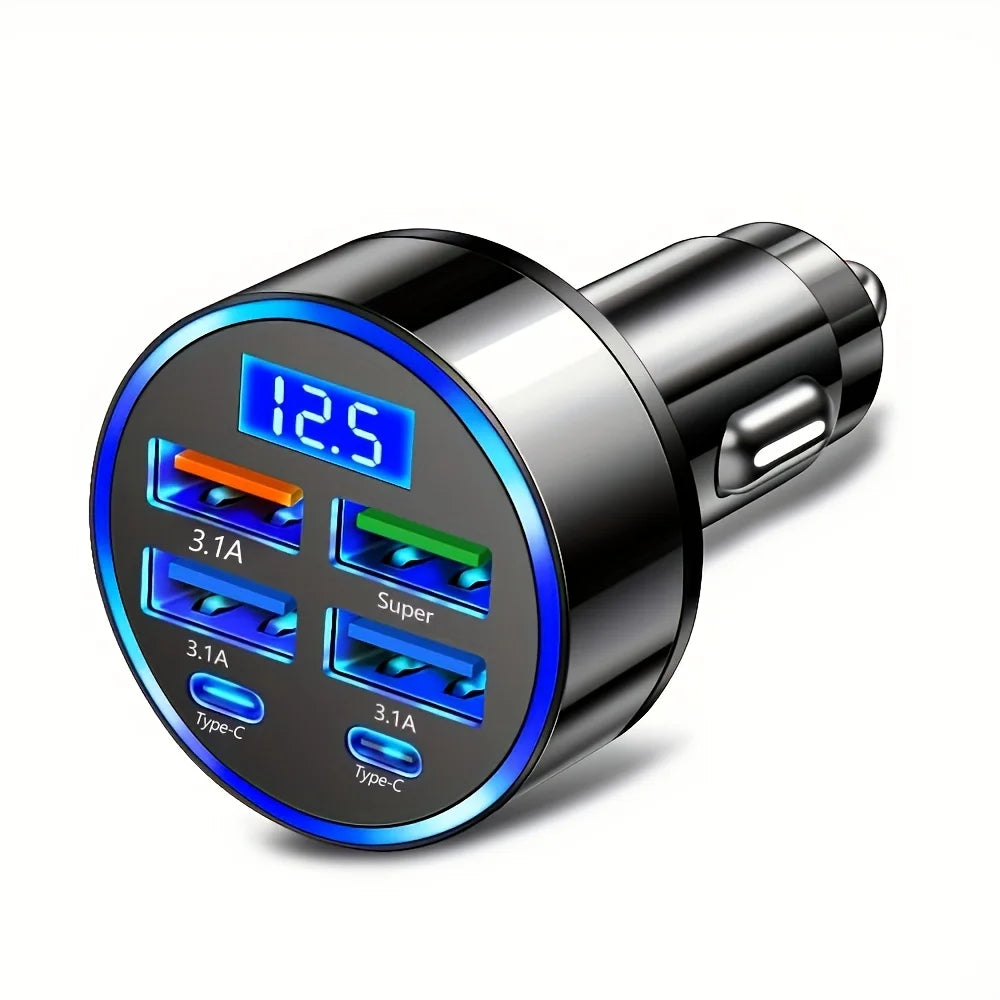 Chargeur Voiture 6-en-1 Charge Rapide 3.1A – Double USB-C & Écran Digital