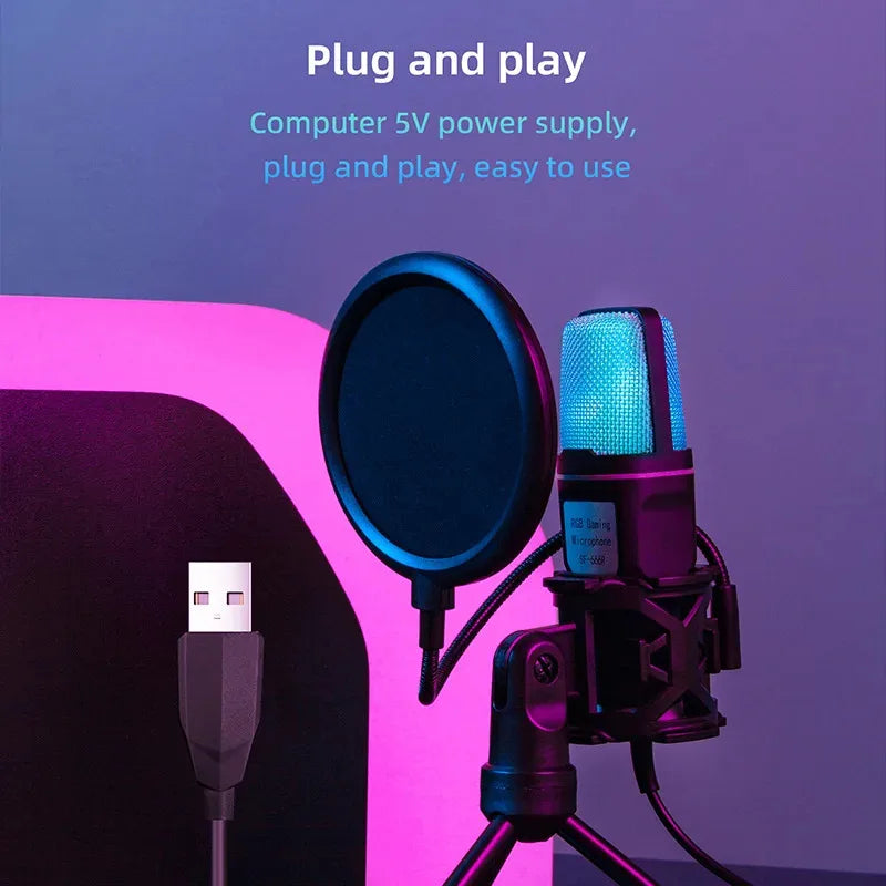Micro USB à Condensateur RGB – Réduction de Bruit, PC/Mac, Podcast, Streaming