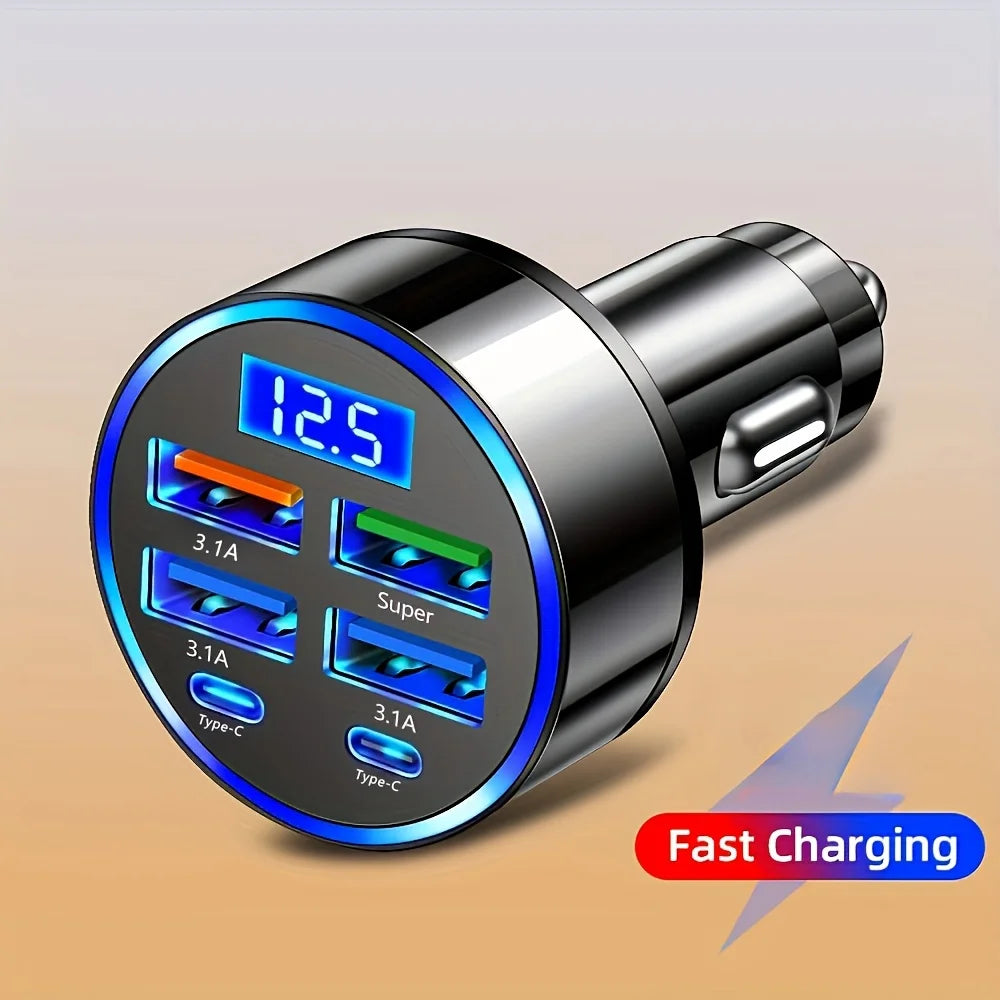 Chargeur Voiture 6-en-1 Charge Rapide 3.1A – Double USB-C & Écran Digital