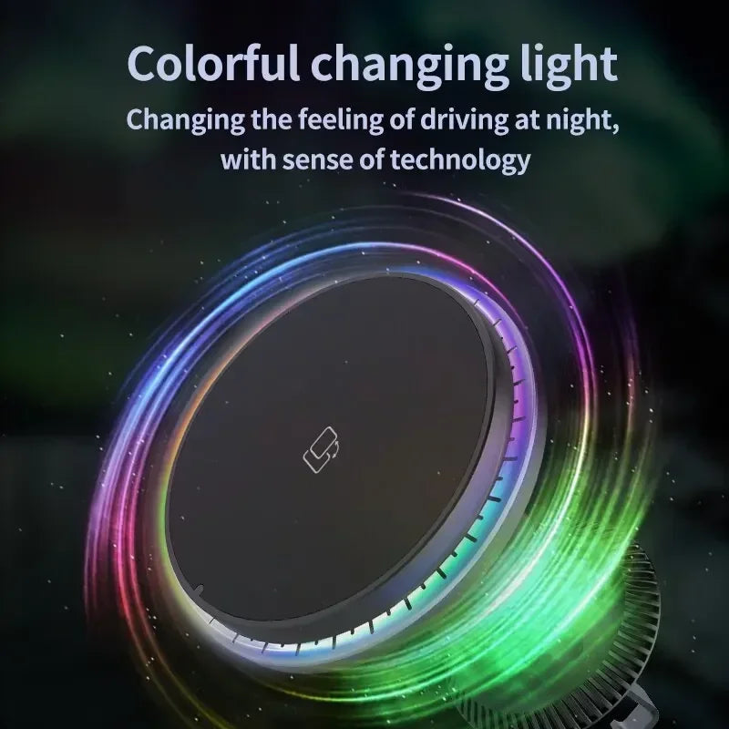 Chargeur Sans Fil Voiture Magnétique RGB – Support MagSafe & Charge Rapide