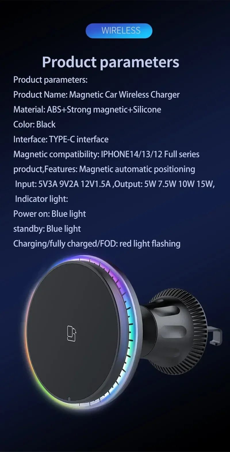Chargeur Sans Fil Voiture Magnétique RGB – Support MagSafe & Charge Rapide