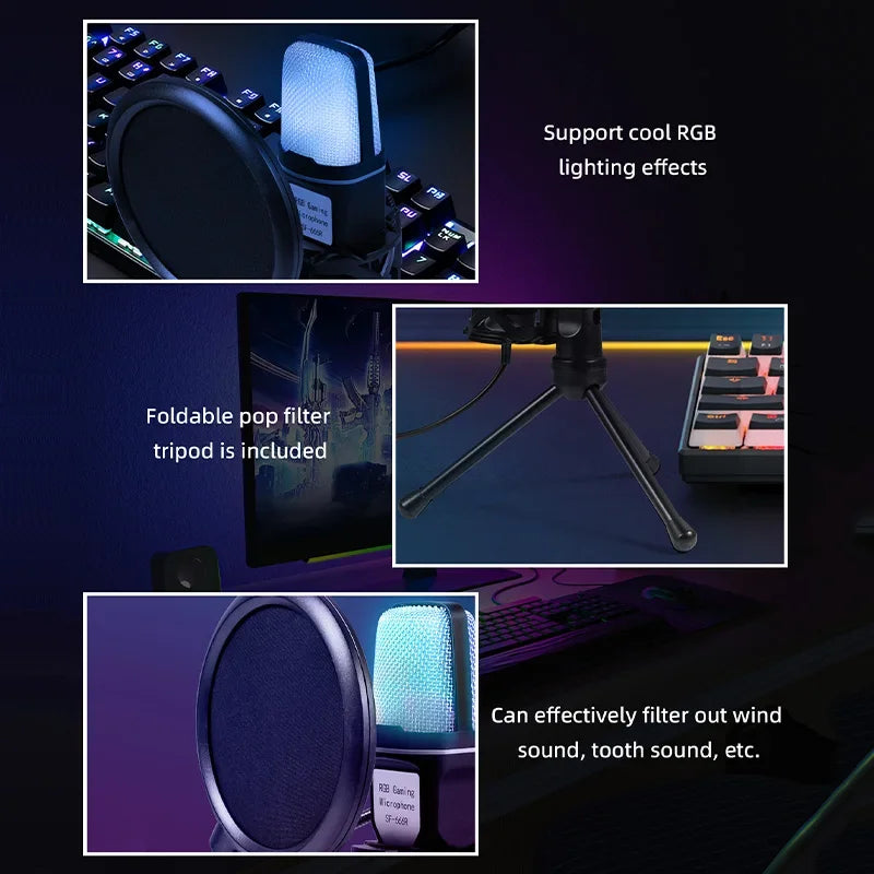 Micro USB à Condensateur RGB – Réduction de Bruit, PC/Mac, Podcast, Streaming