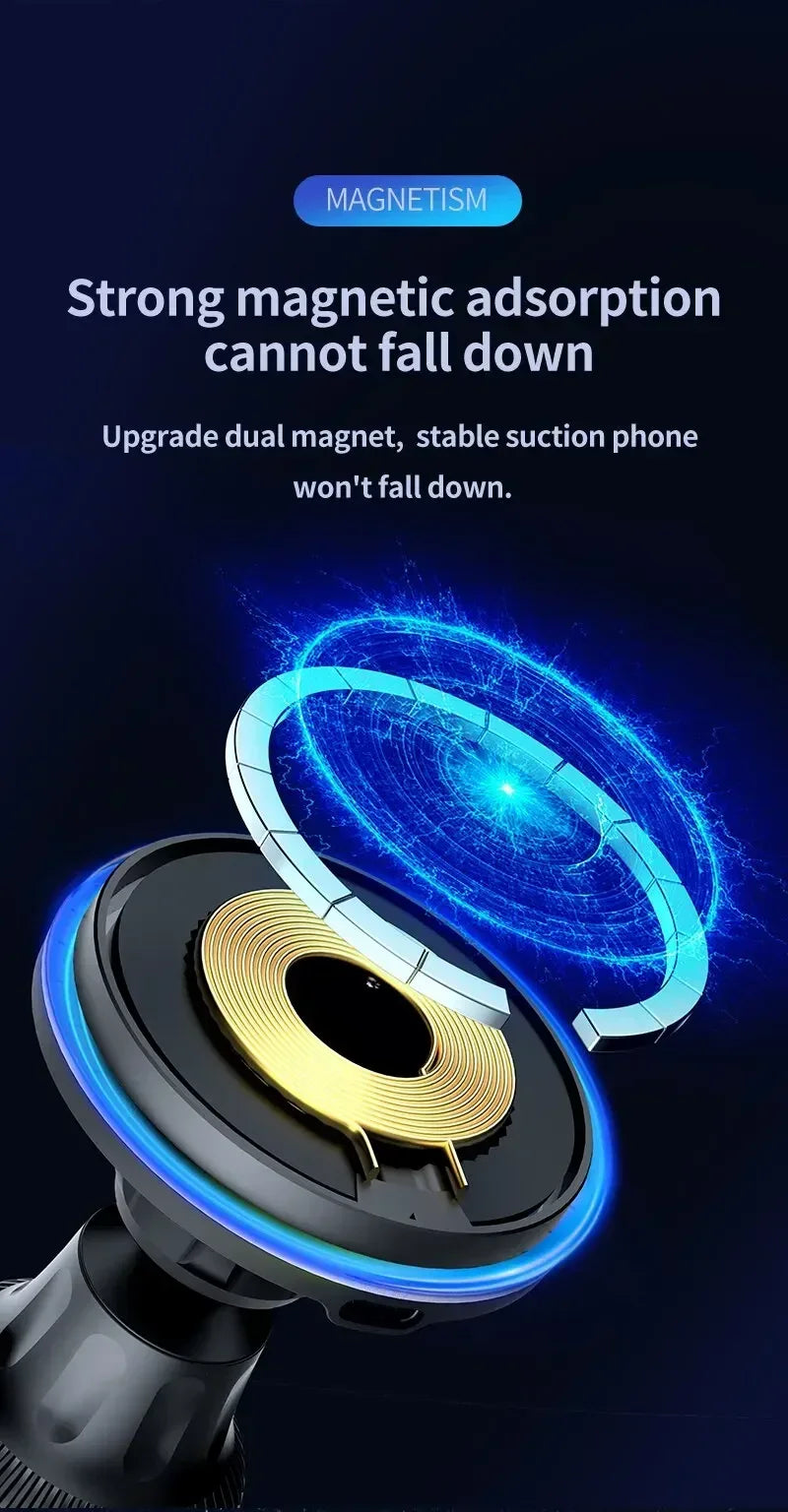 Chargeur Sans Fil Voiture Magnétique RGB – Support MagSafe & Charge Rapide