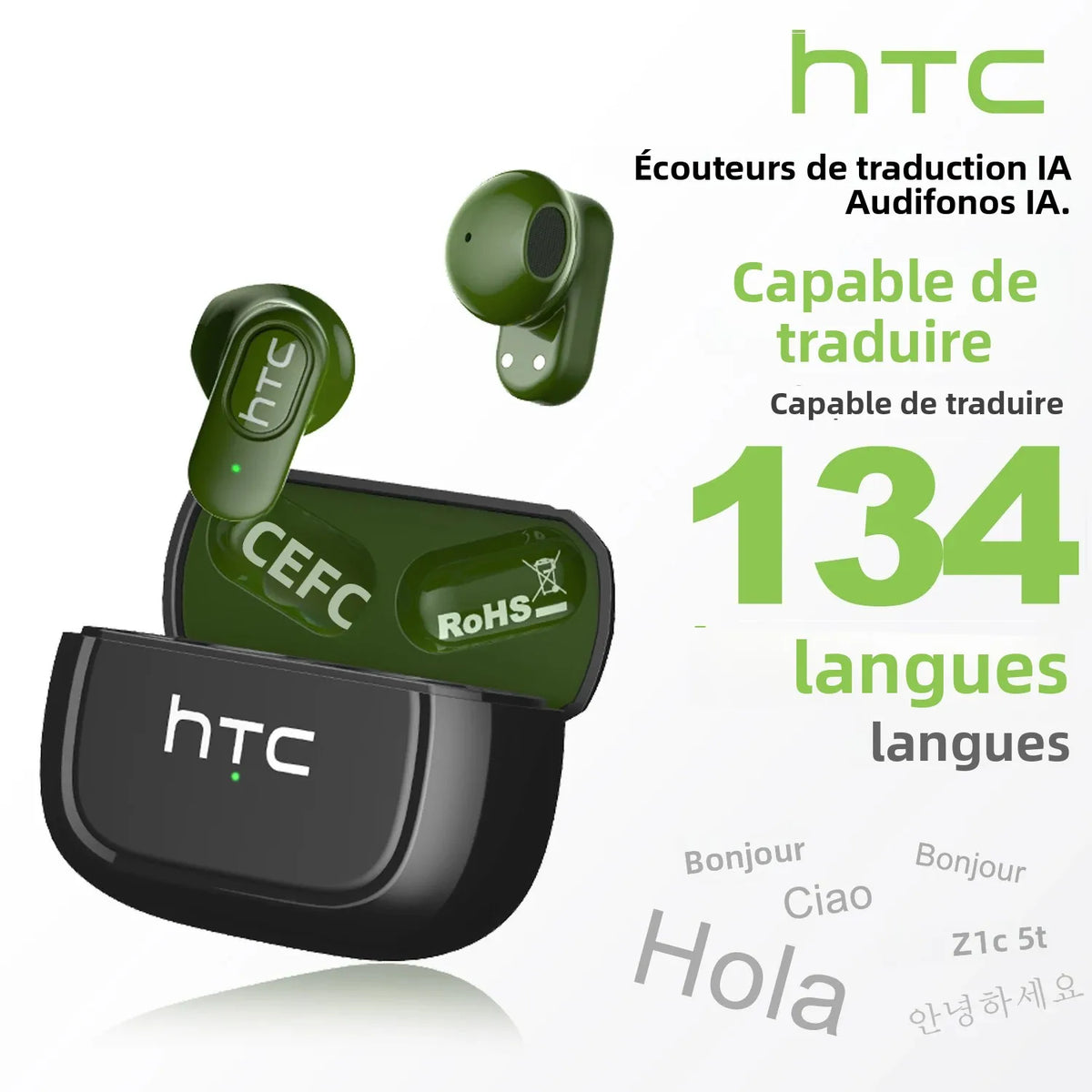 Écouteurs traducteurs IA HTC NE51 Bluetooth 5.3