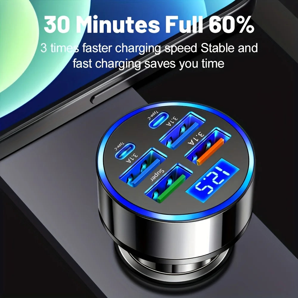 Chargeur Voiture 6-en-1 Charge Rapide 3.1A – Double USB-C & Écran Digital