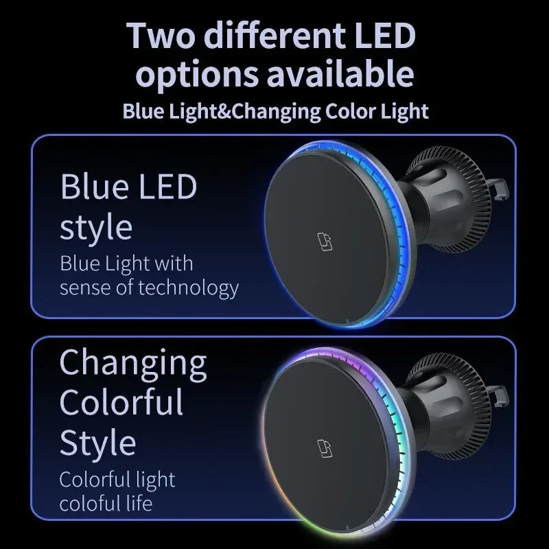 Chargeur Sans Fil Voiture Magnétique RGB – Support MagSafe & Charge Rapide