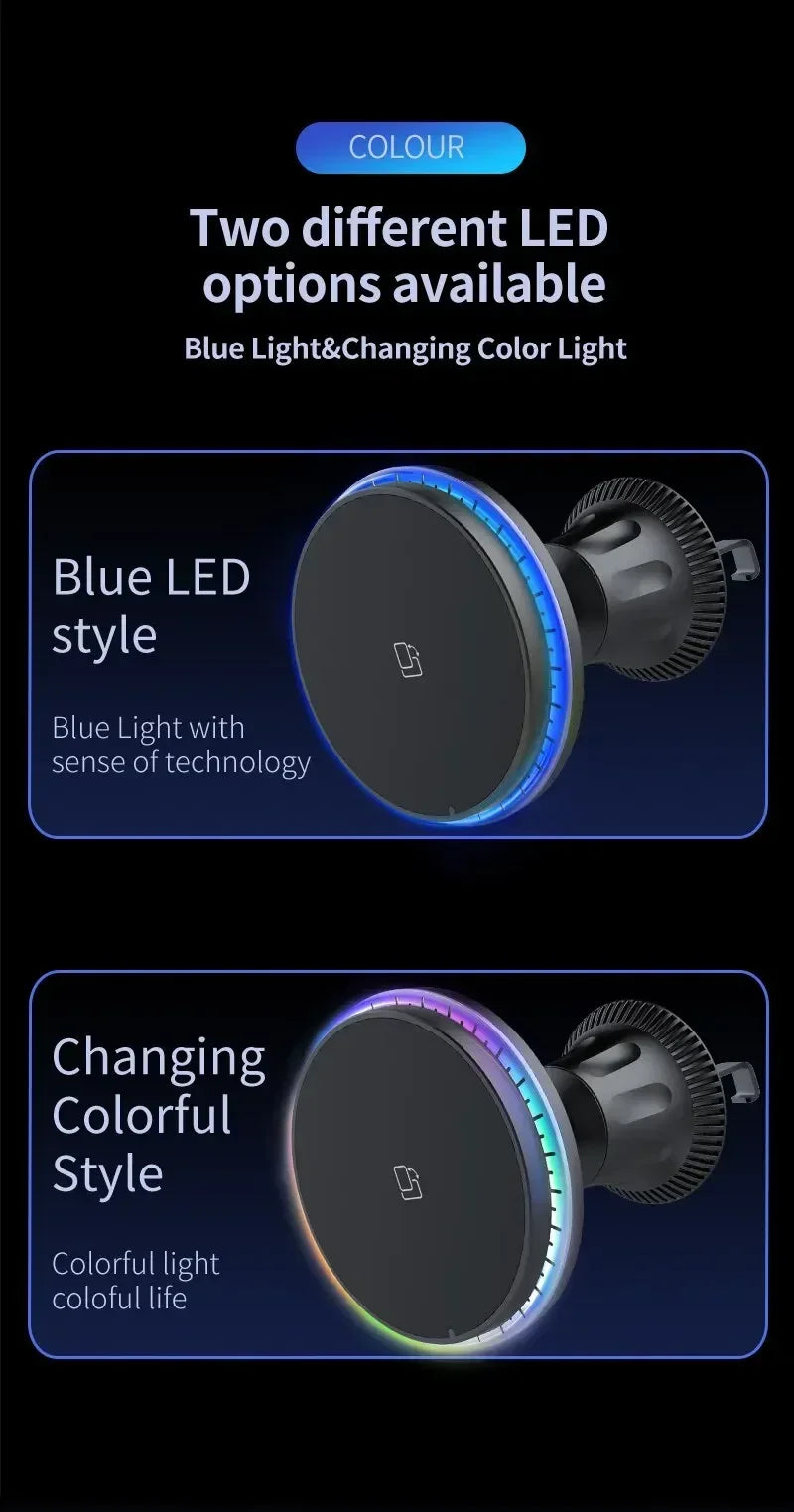 Chargeur Sans Fil Voiture Magnétique RGB – Support MagSafe & Charge Rapide