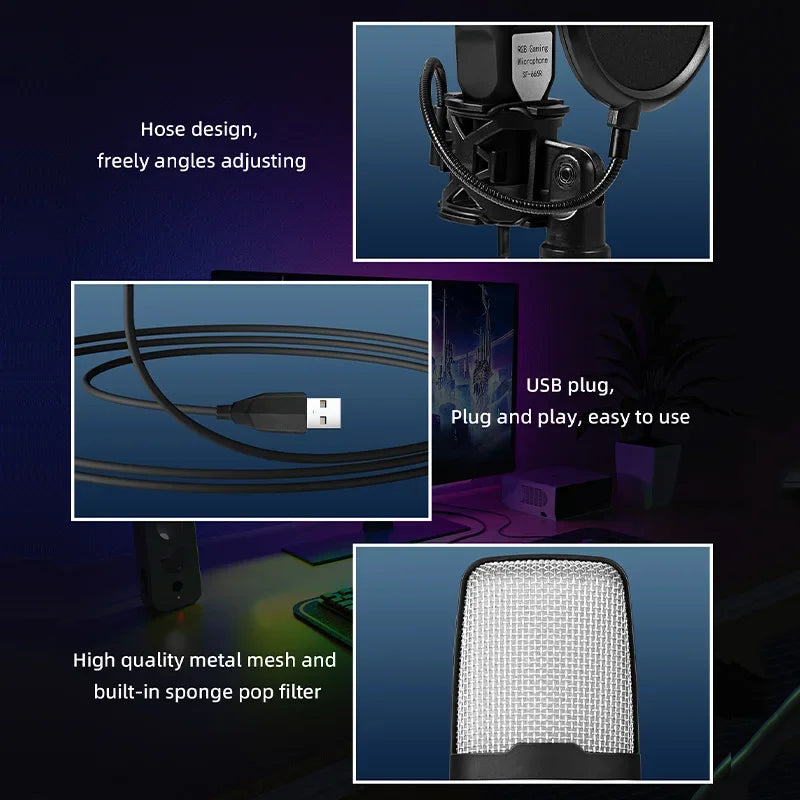 Micro USB à Condensateur RGB – Réduction de Bruit, PC/Mac, Podcast, Streaming