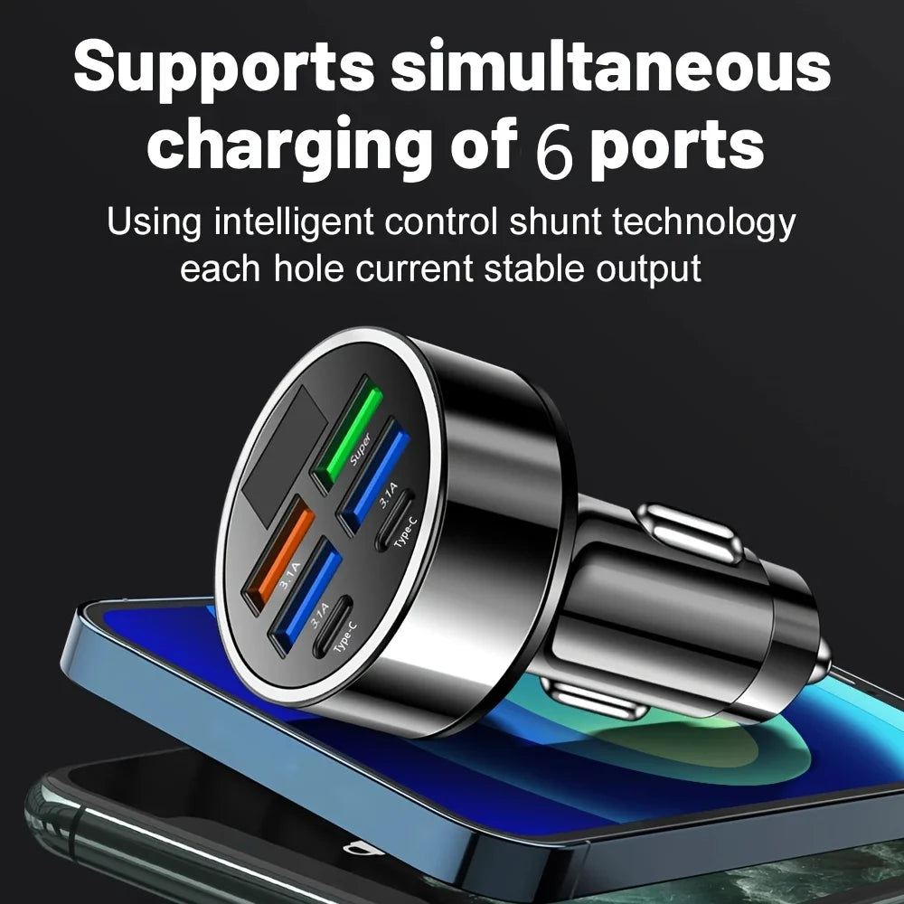 Chargeur Voiture 6-en-1 Charge Rapide 3.1A – Double USB-C & Écran Digital