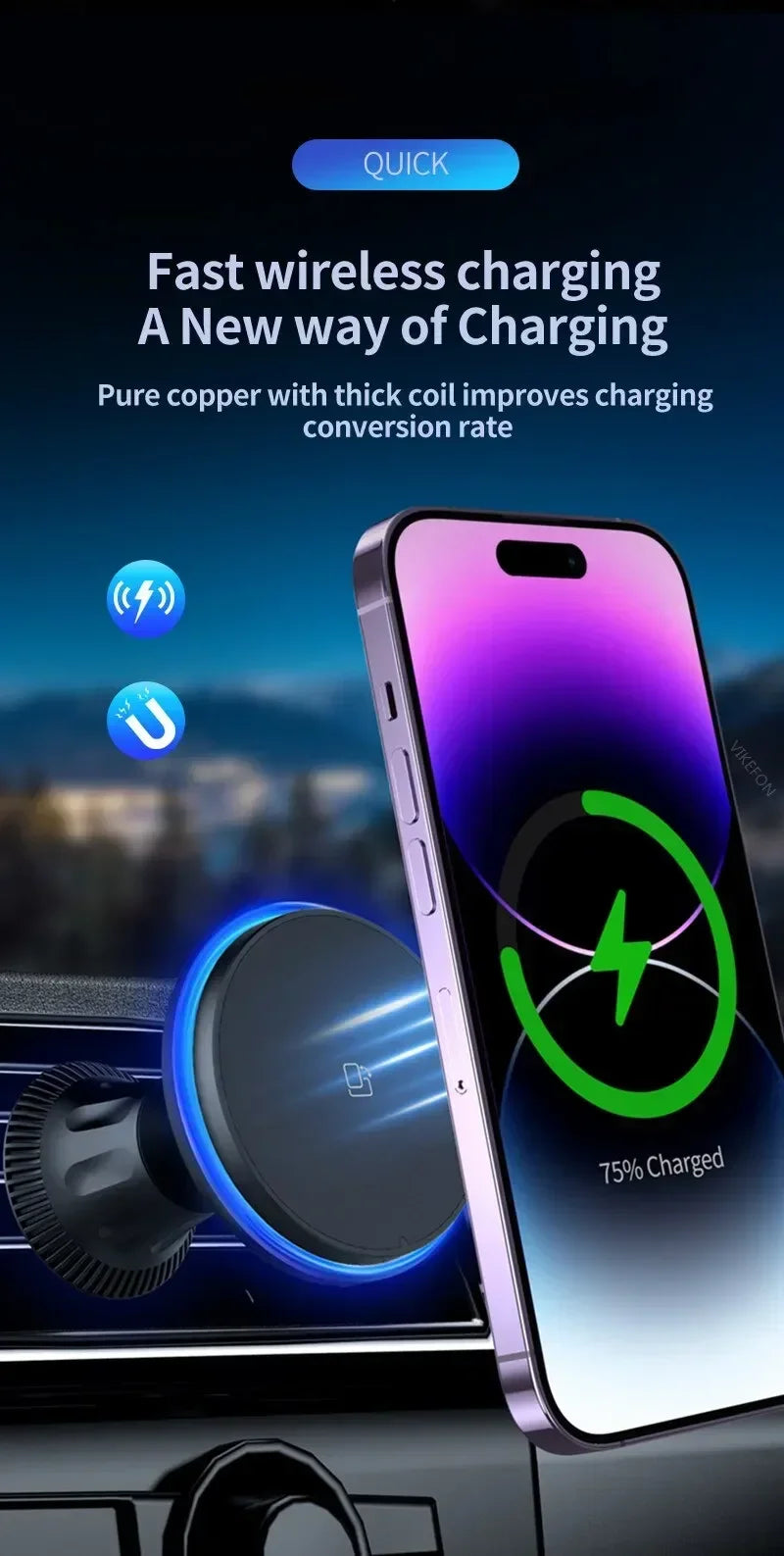Chargeur Sans Fil Voiture Magnétique RGB – Support MagSafe & Charge Rapide