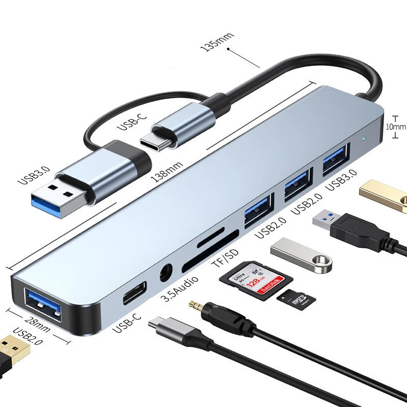 Hub USB-C 8 en 1 – Lecteur de Carte SD/TF, Adaptateur OTG Multiport