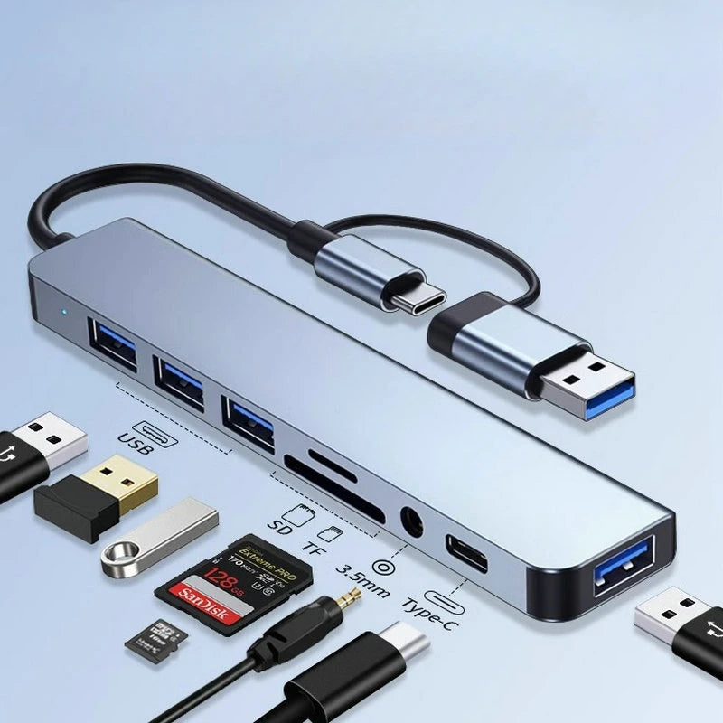 Hub USB-C 8 en 1 – Lecteur de Carte SD/TF, Adaptateur OTG Multiport