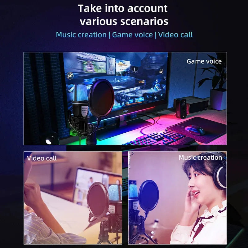 Micro USB à Condensateur RGB – Réduction de Bruit, PC/Mac, Podcast, Streaming