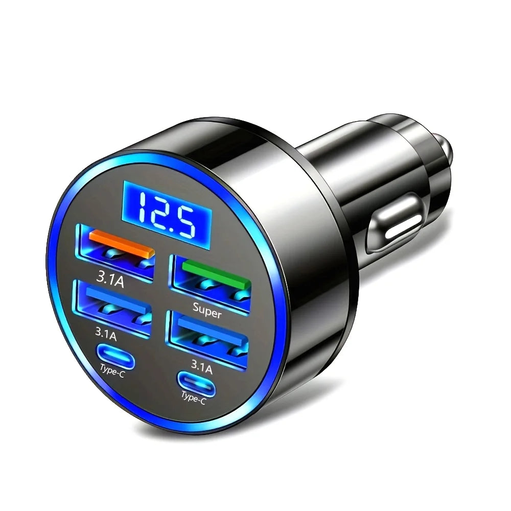 Chargeur Voiture 6-en-1 Charge Rapide 3.1A – Double USB-C & Écran Digital