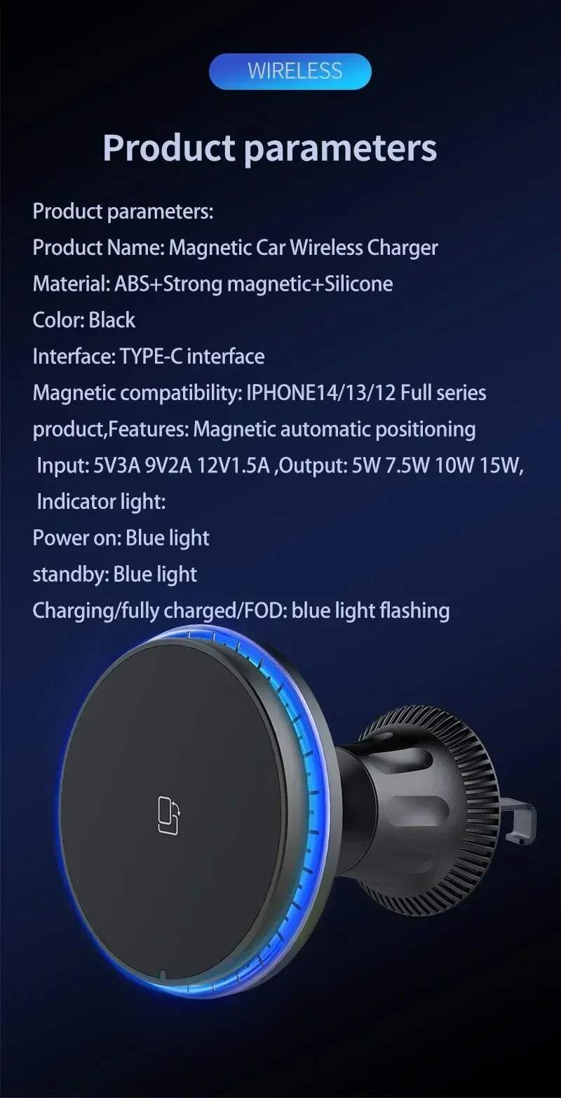Chargeur Sans Fil Voiture Magnétique RGB – Support MagSafe & Charge Rapide