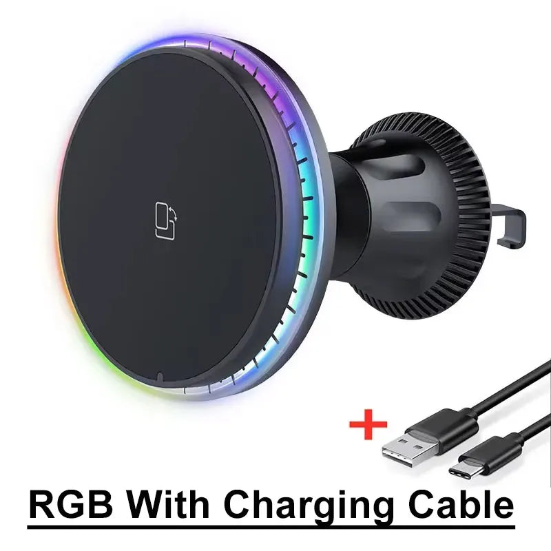 Chargeur Sans Fil Voiture Magnétique RGB – Support MagSafe & Charge Rapide